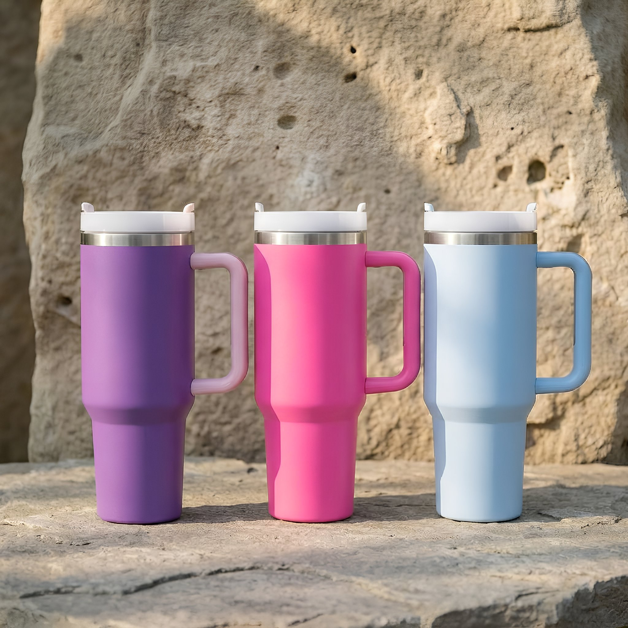 Three travel mugs in purple, pink, and light blue with white lids and handles are placed side by side on a stone surface with a rocky background in sunlight.