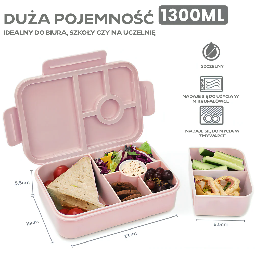 Różowy lunchbox 1300ml ze sztućcami