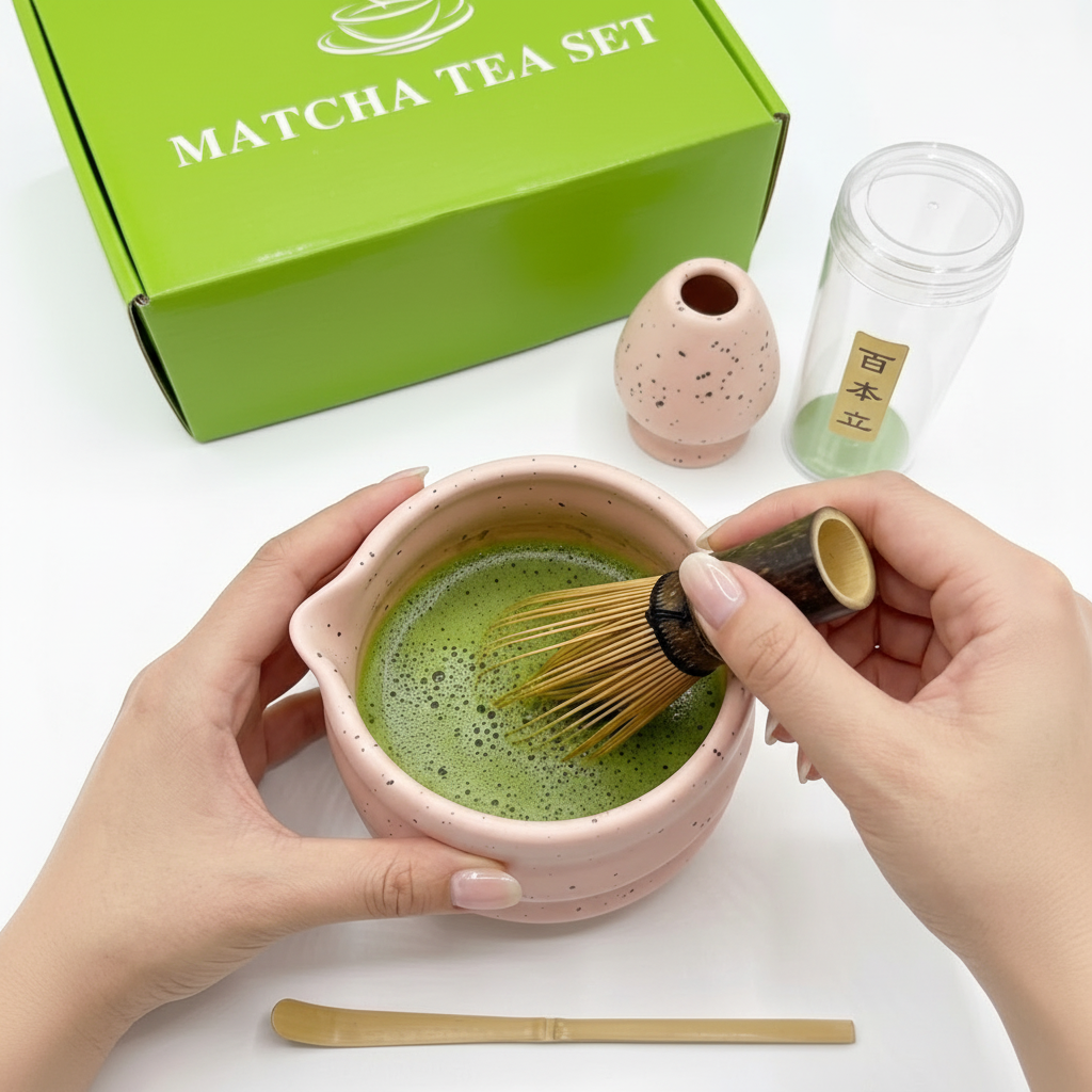 Pink speckled matcha set 4 pieces