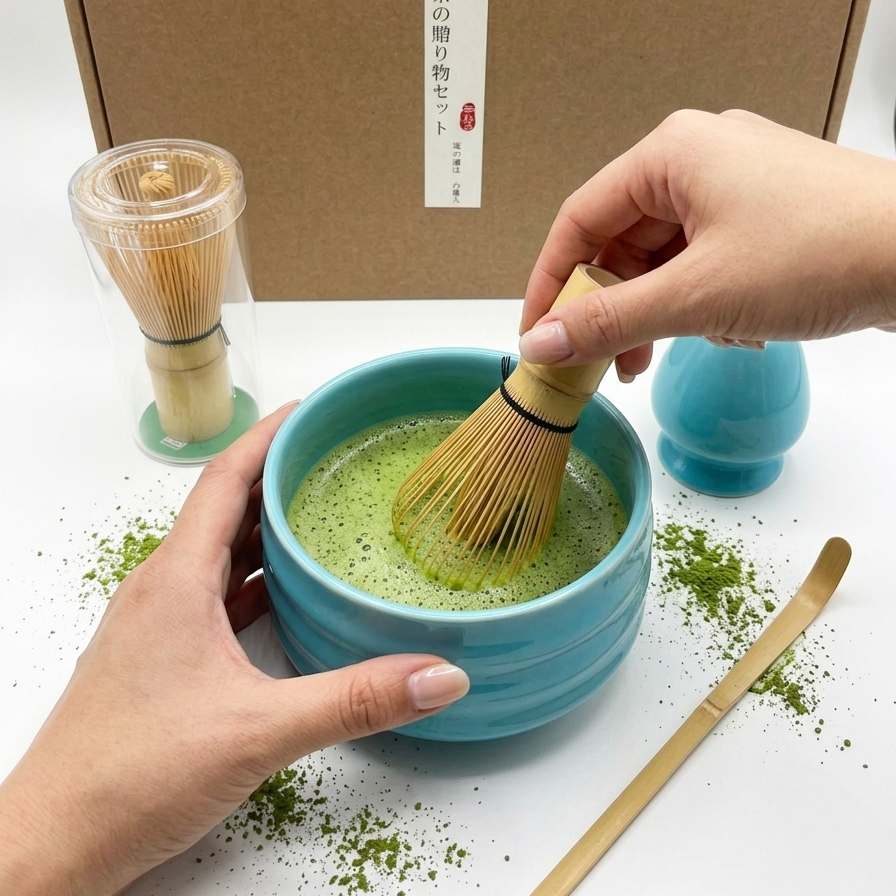 Someone whisks vivid green matcha in a blue bowl with a bamboo whisk. A scoop, an extra whisk in its case, and spilled powder complete the Niebieski zestaw matcha 4 elementy used for the tea ceremony.