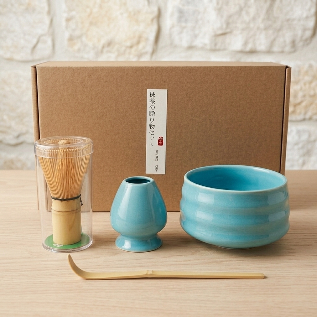 The Niebieski zestaw matcha 4 elementy includes a bamboo whisk in a plastic case, a turquoise whisk holder, a turquoise tea bowl, and a bamboo scoop, all displayed in front of a brown box with a Japanese label.