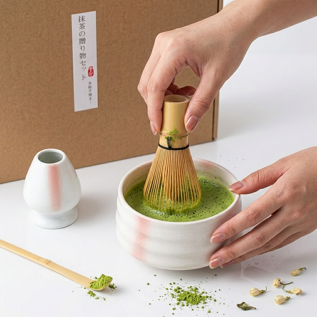 A person froths japońska herbata matcha in a white bowl using the Biało-różowy zestaw matcha 4 elementy, with a bambusowa miotełka, bamboo scoop, whisk holder nearby, and a brown box with Japanese text on a white surface.