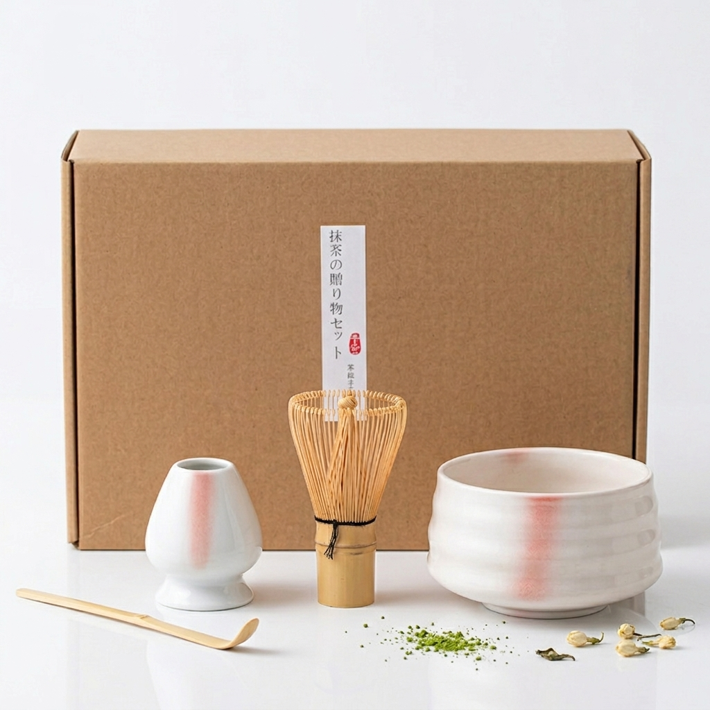 Biało-różowy zestaw matcha 4 elementy zawiera eleganckie pudełko, bambusową miotełkę, ceramiczną miseczkę z uchwytem oraz japońską herbatę matcha.