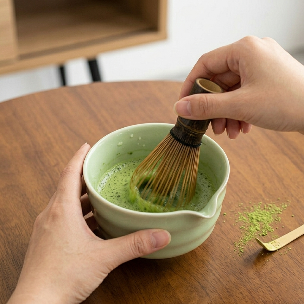 Using the Zielony zestaw do matchy 4 elementy, a person whisks green matcha powder with water in a light green bowl on a wooden table, some powder beside the bamboo scoop evoking a japońska ceremonia herbaty.
