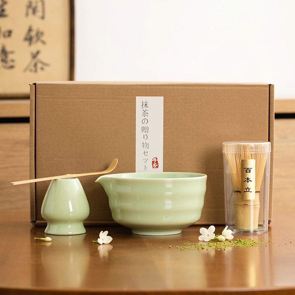 Na stole zielony zestaw do matchy 4 elementy: duża miska, mały słoiczek z bambusową łyżeczką, bambusowa miotełka w pojemniku i brązowe pudełko z japońskim pismem – kompletne akcesoria do przygotowania herbaty.